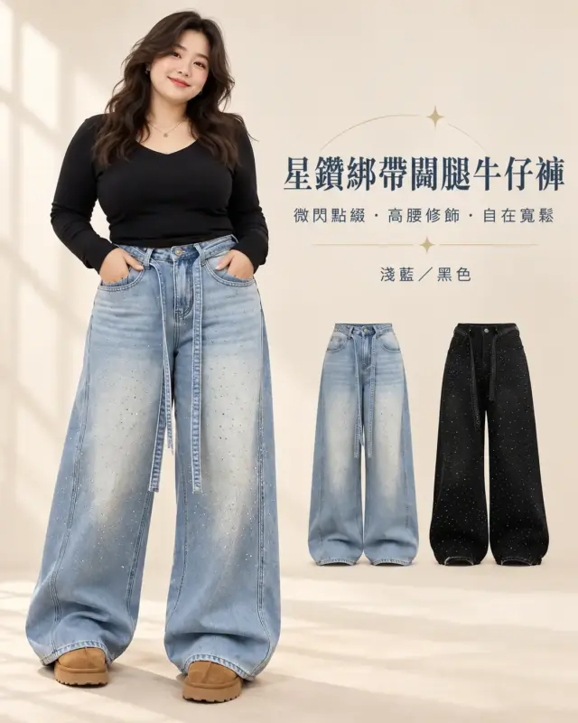 星鑽綁帶闊腿牛仔褲
