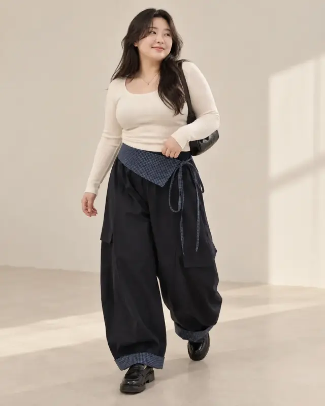 格紋翻領綁帶寬褲 縮圖 2