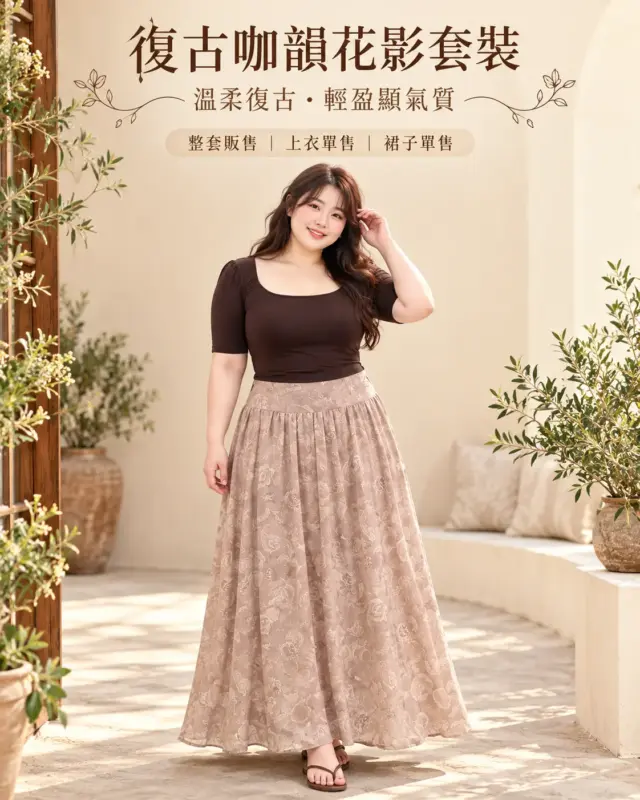 復古咖韻花影套裝
