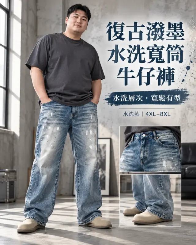 復古潑墨水洗寬筒牛仔褲