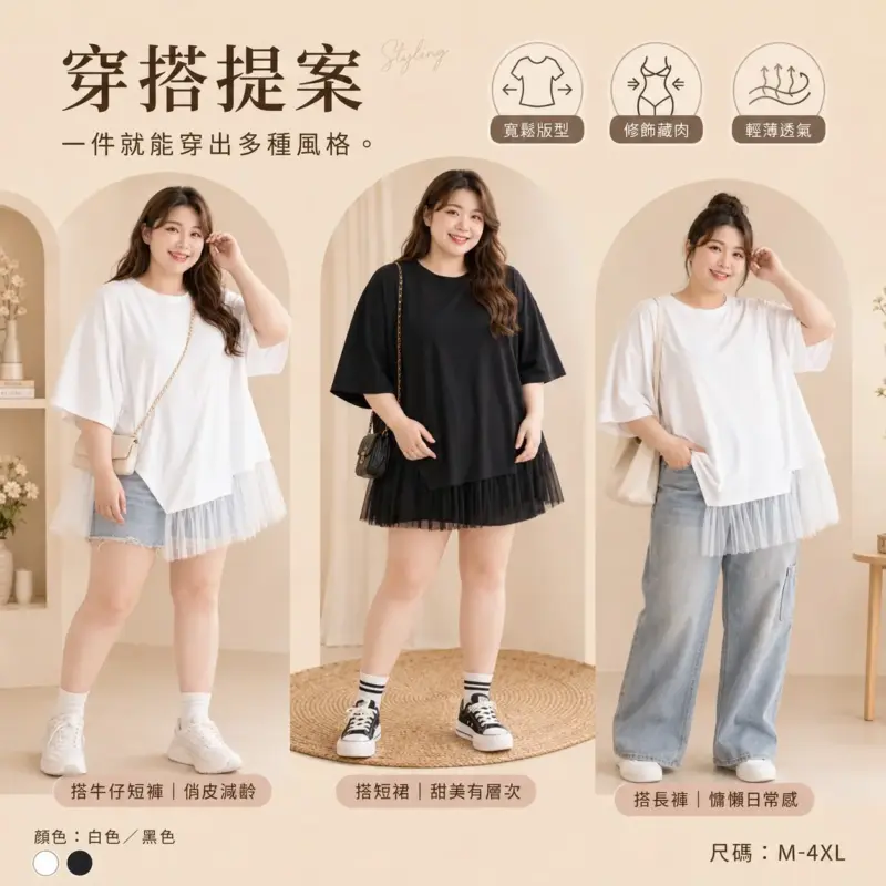 寬松拼接網紗半袖上衣 縮圖 3