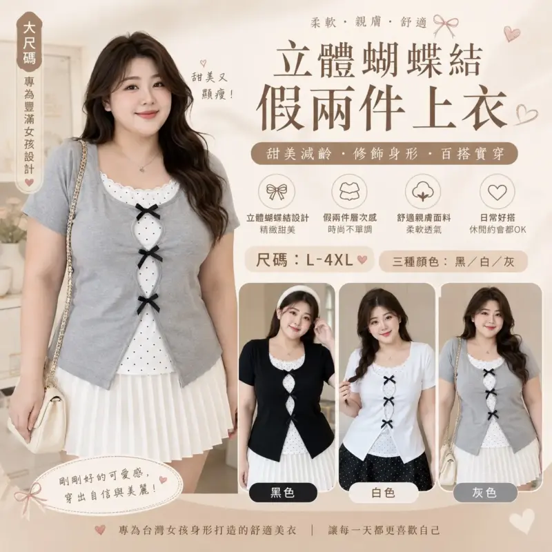 立體蝴蝶結假兩件上衣