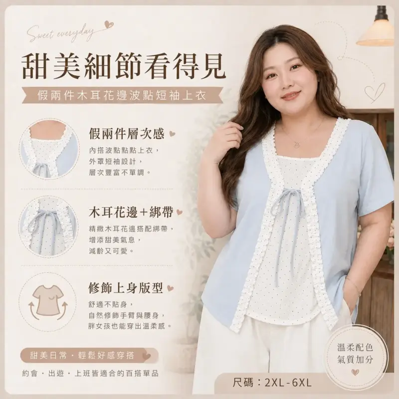 假兩件木耳花邊波點短袖上衣 縮圖 2