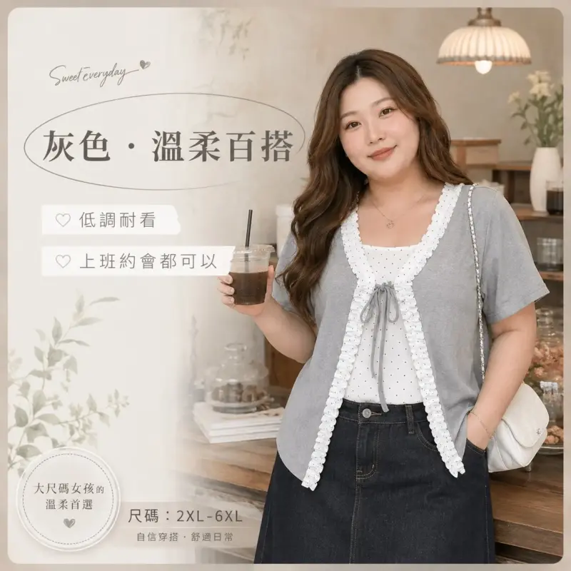 假兩件木耳花邊波點短袖上衣 縮圖 4