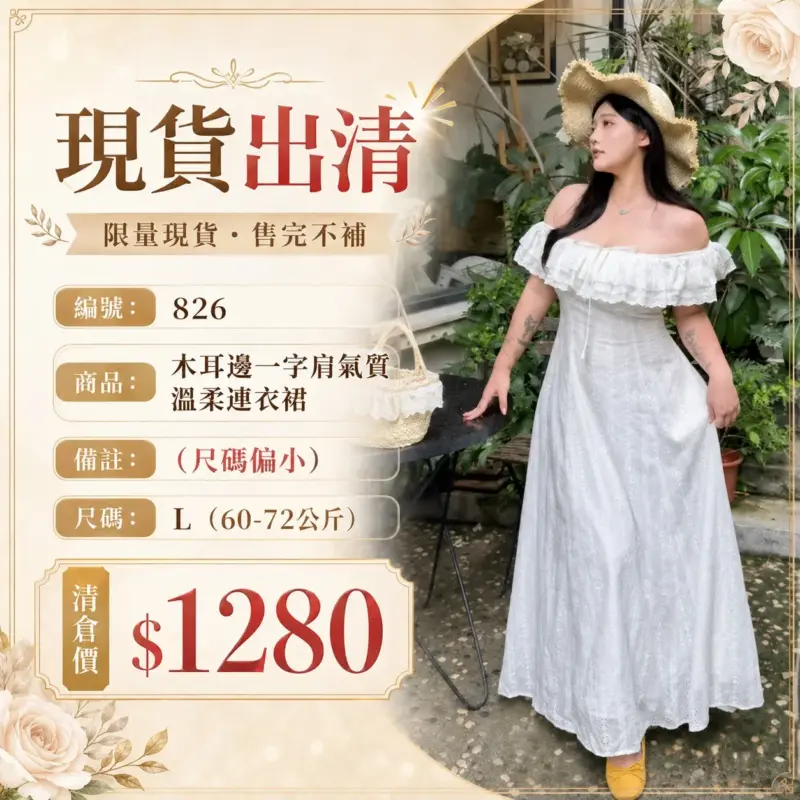 (現貨)編號:826木耳邊一字肩氣質溫柔連衣裙(尺碼偏小)