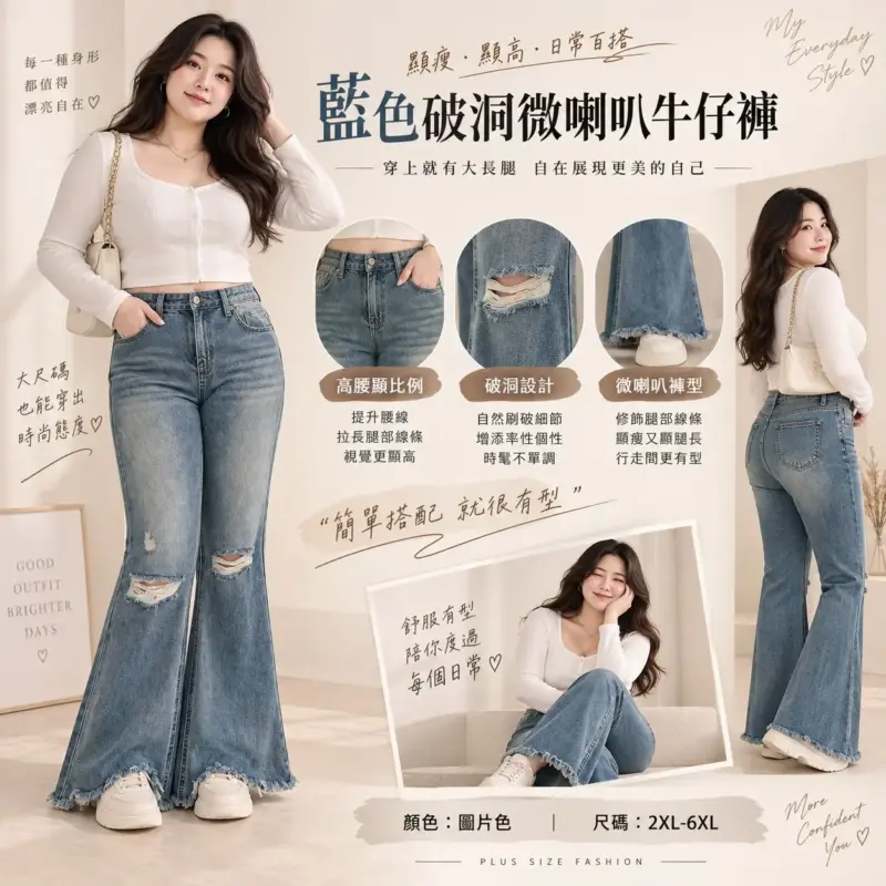 藍色破洞微喇叭牛仔褲
