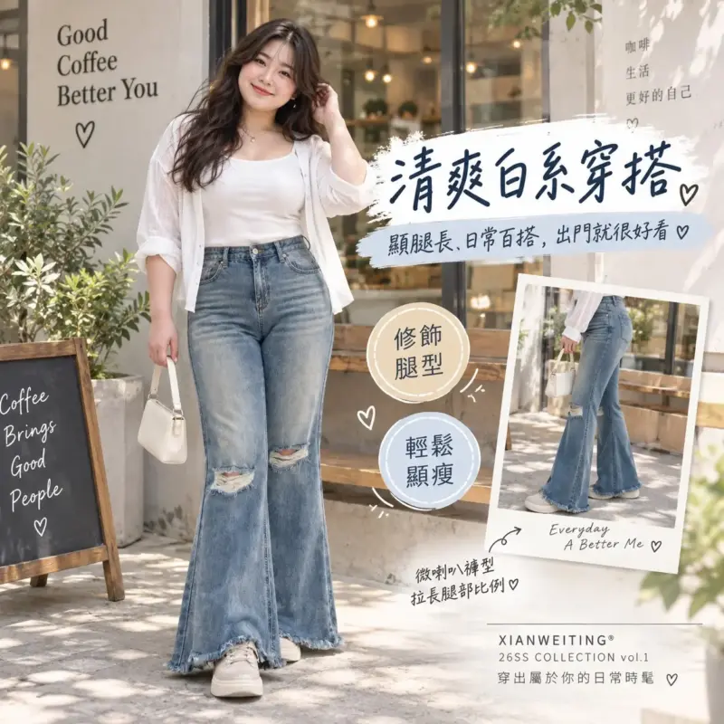 藍色破洞微喇叭牛仔褲 縮圖 2