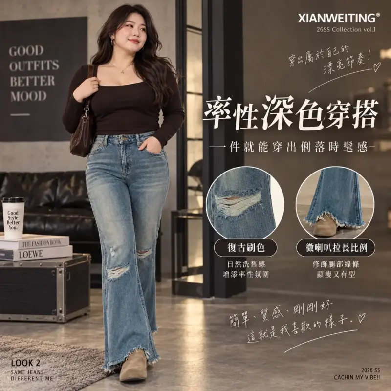 藍色破洞微喇叭牛仔褲 縮圖 3
