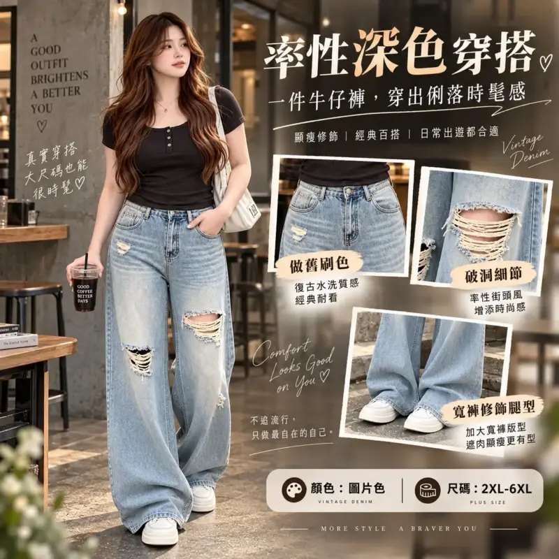 做舊復古破洞牛仔褲 縮圖 3