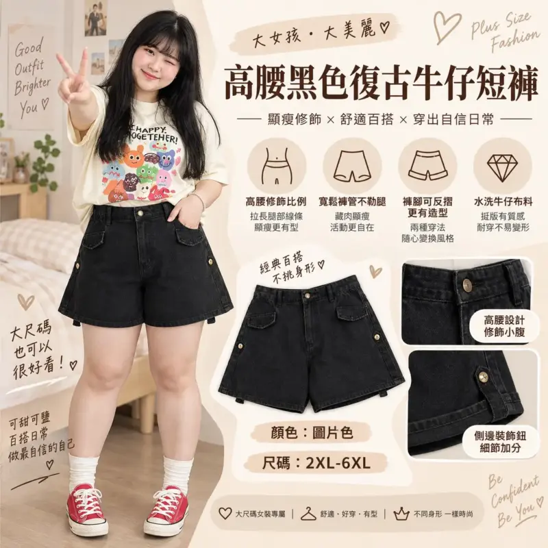 高腰黑色復古牛仔短褲
