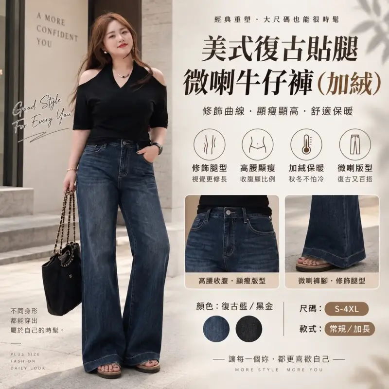 美式復古貼腿微喇牛仔褲（加絨）