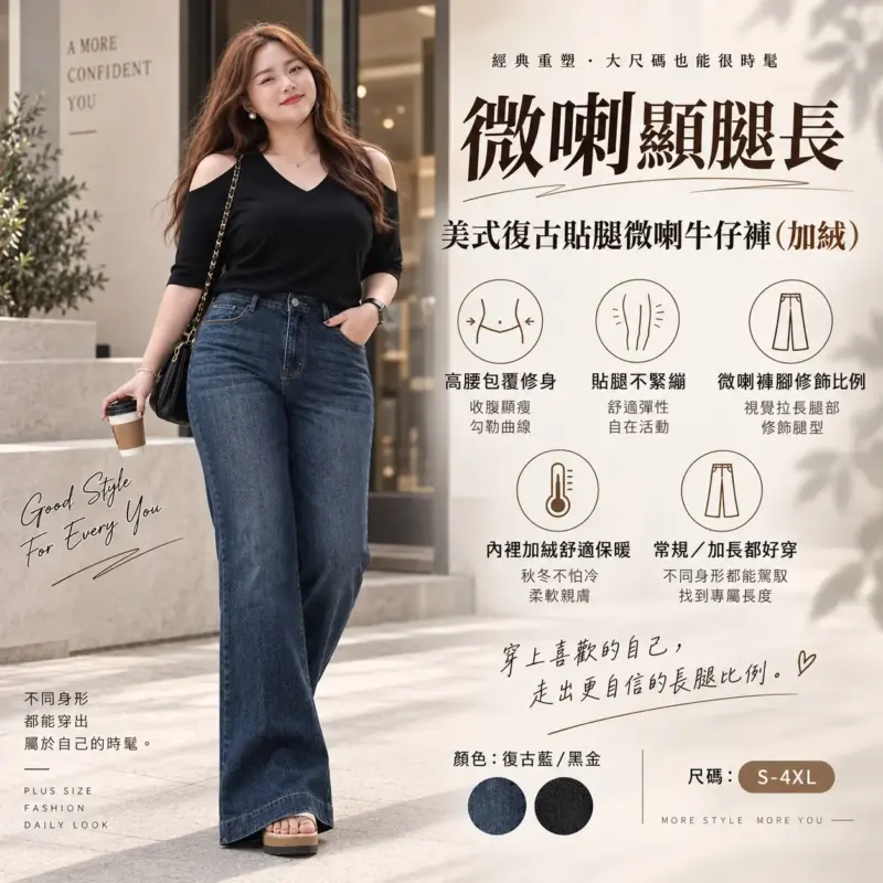 美式復古貼腿微喇牛仔褲（加絨） 縮圖 2