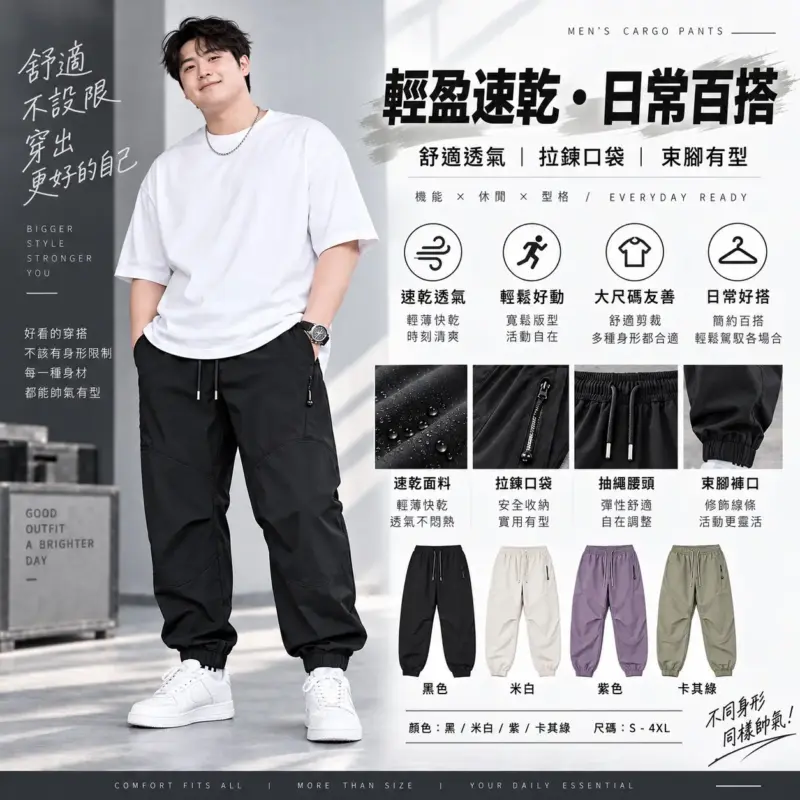 速乾拉鍊口袋束腳工裝褲 縮圖 2