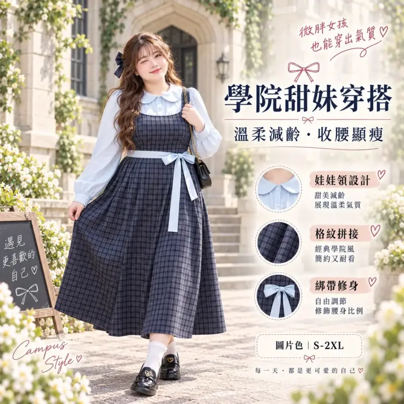 格紋拼接娃娃領連衣裙 縮圖 2