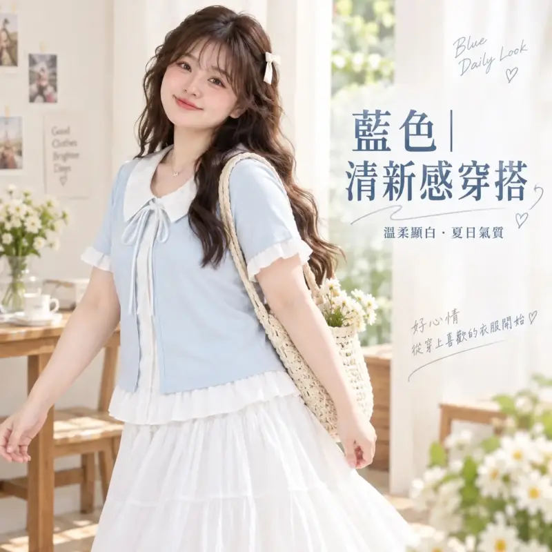設計感翻領假兩件系帶上衣 縮圖 3