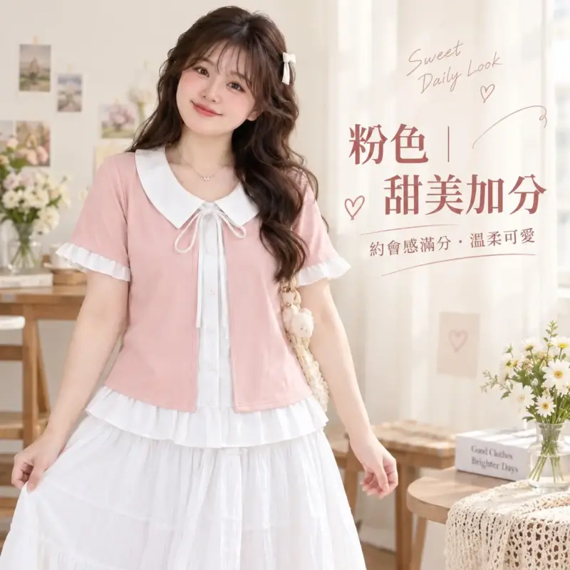 設計感翻領假兩件系帶上衣 縮圖 5
