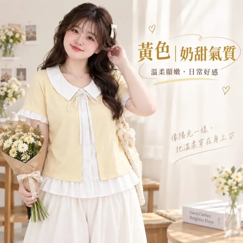 設計感翻領假兩件系帶上衣 縮圖 6