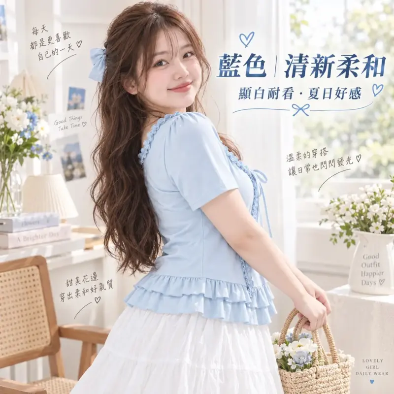 假兩件設計感正肩花邊上衣 縮圖 4