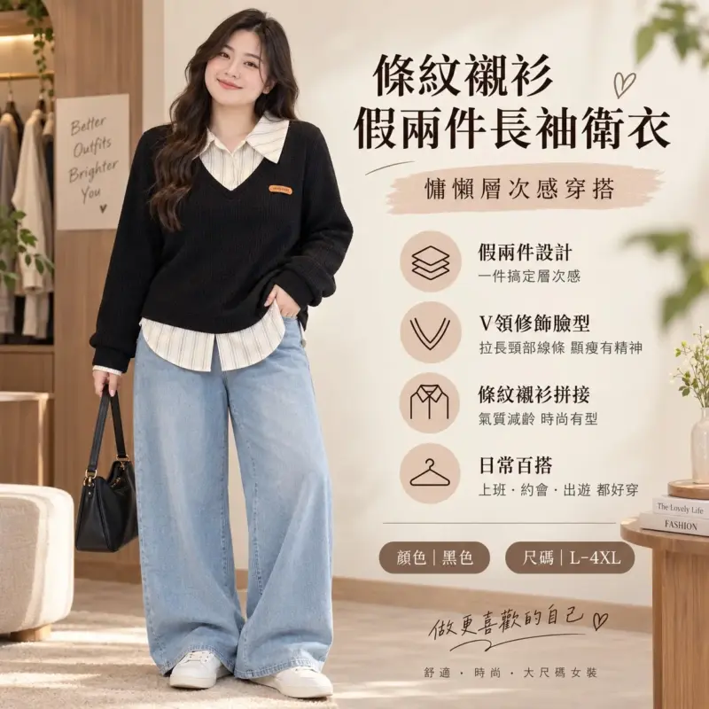 條紋襯衫假兩件長袖衛衣