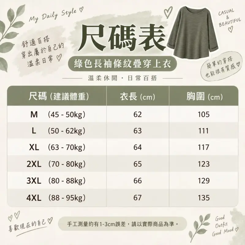 綠色長袖條紋疊穿上衣 縮圖 3