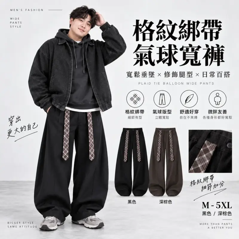 格紋綁帶氣球寬褲