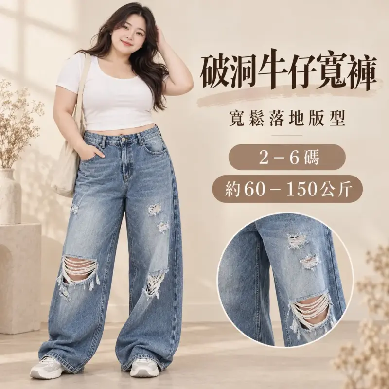 破洞牛仔寬褲