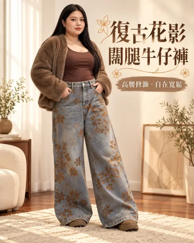 復古花影闊腿牛仔褲