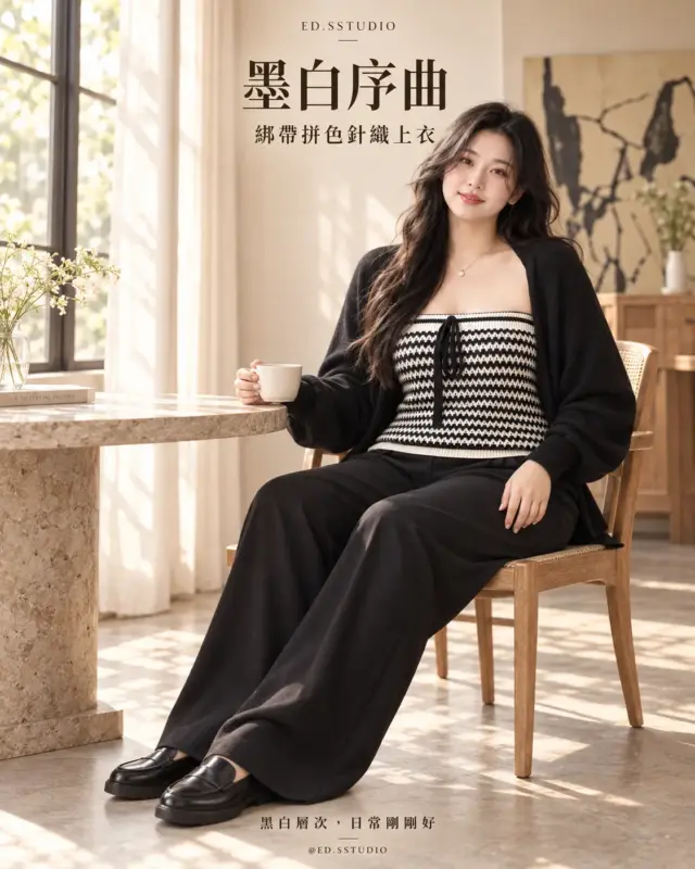 "Ink and White Overture" Tie-Front Color-Block Knit Top thumbnail 3