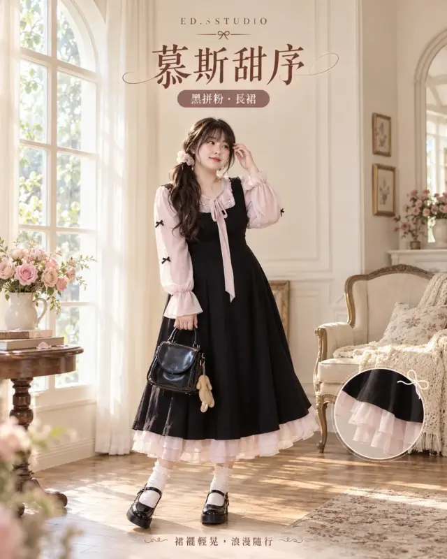 慕斯甜序蝴蝶結拼色假兩件洋裝 縮圖 3