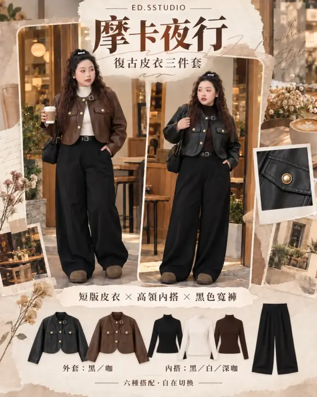 夜行摩卡復古皮衣三件套