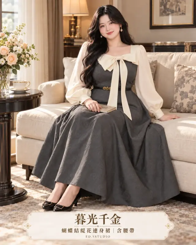 暮光千金蝴蝶結提花連身裙 縮圖 3