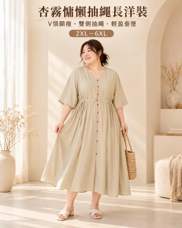Apricot-Mist Relaxed Drawstring Maxi Dress