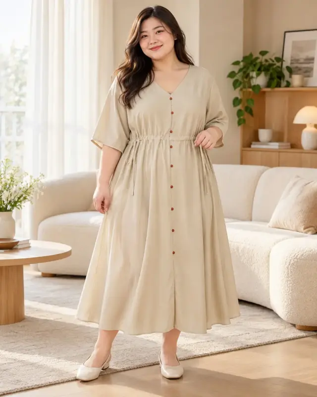 Apricot-Mist Relaxed Drawstring Maxi Dress thumbnail 2