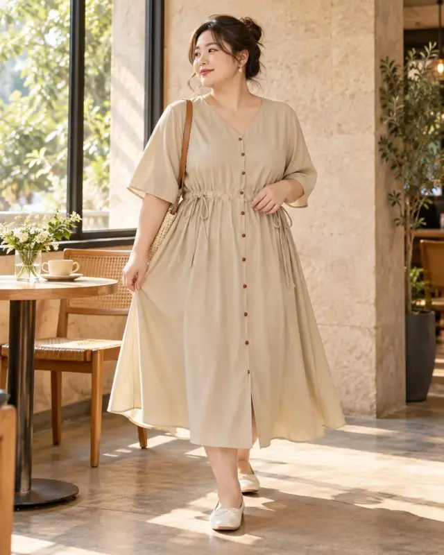 Apricot-Mist Relaxed Drawstring Maxi Dress thumbnail 3