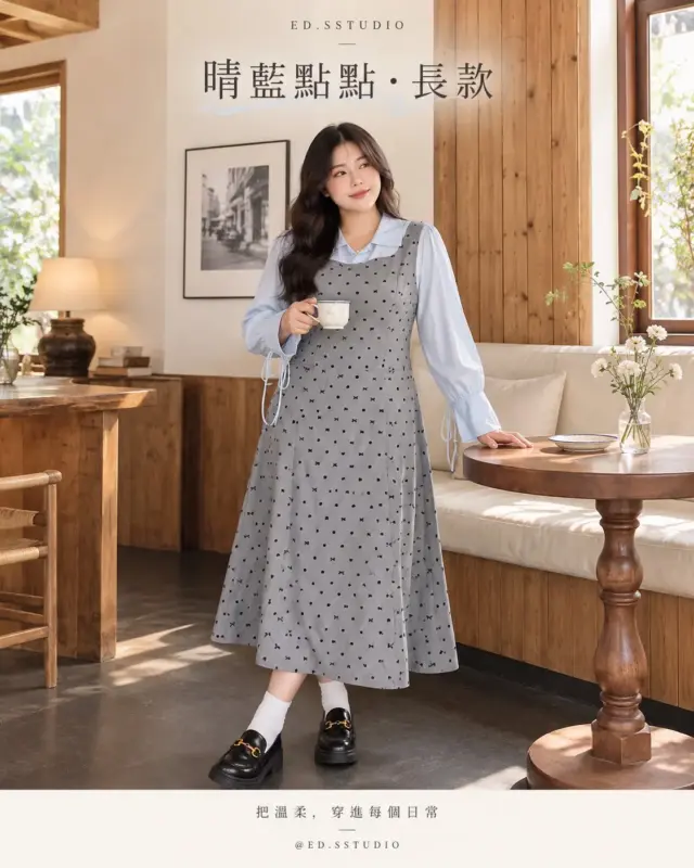 晴藍點點襯衫領拼接洋裝 縮圖 3