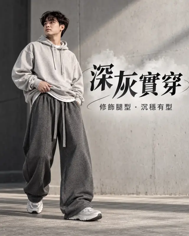 雲感弧線寬鬆抽繩長褲 縮圖 4