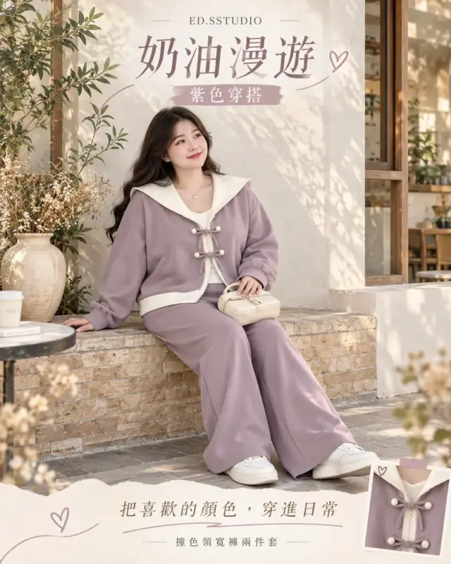 奶油漫遊撞色領寬褲兩件套 縮圖 3