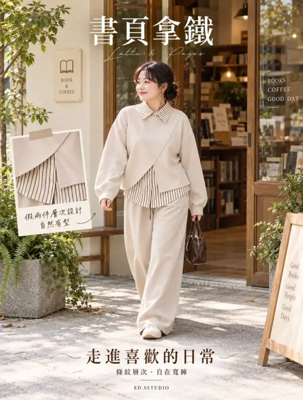書頁拿鐵條紋拼接斜襬套裝 縮圖 3
