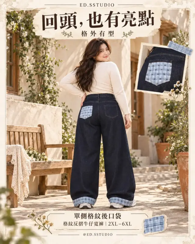 格外有型格紋反摺牛仔寬褲 縮圖 3